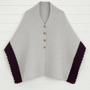 Handmade Knit Shawl Poncho Wrap– Gray with Plum Trim Cozy Fall Sweater Cape